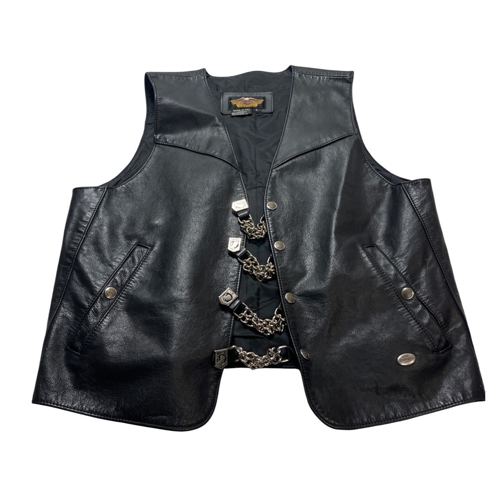 Harley-Davidson Mens Black Leather Biker Vest Eagle Back Patch Made in USA L
